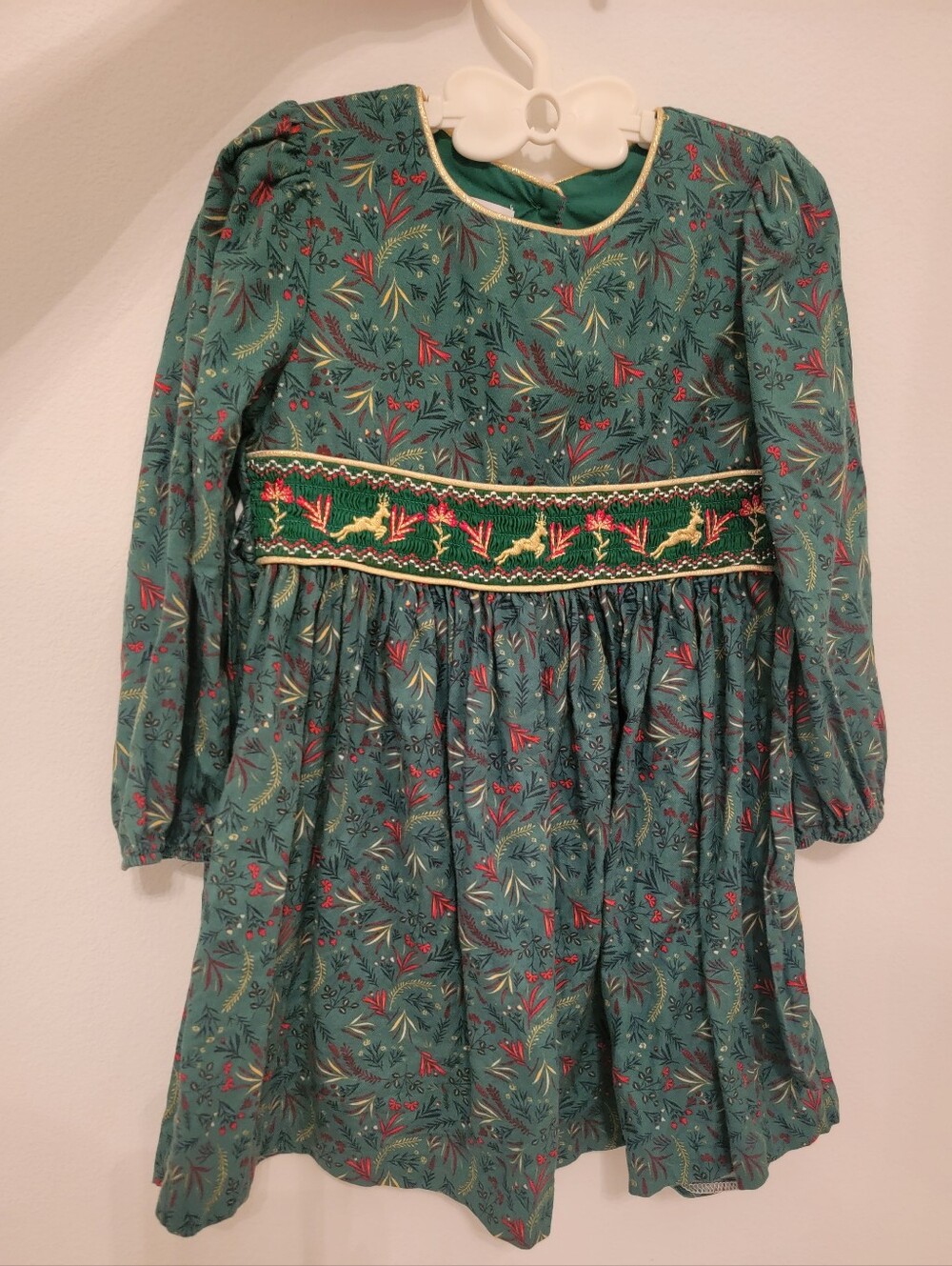 Bonnie Jean Christmas Holiday Reindeer Smocked Dress- red green gold long sleeve